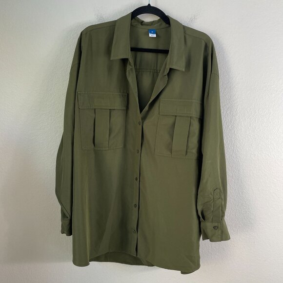 Old Navy Womens Plus 3X Olive Green Button Up Shirt Roll Tab Sleeve Blouse Top - Picture 6 of 9